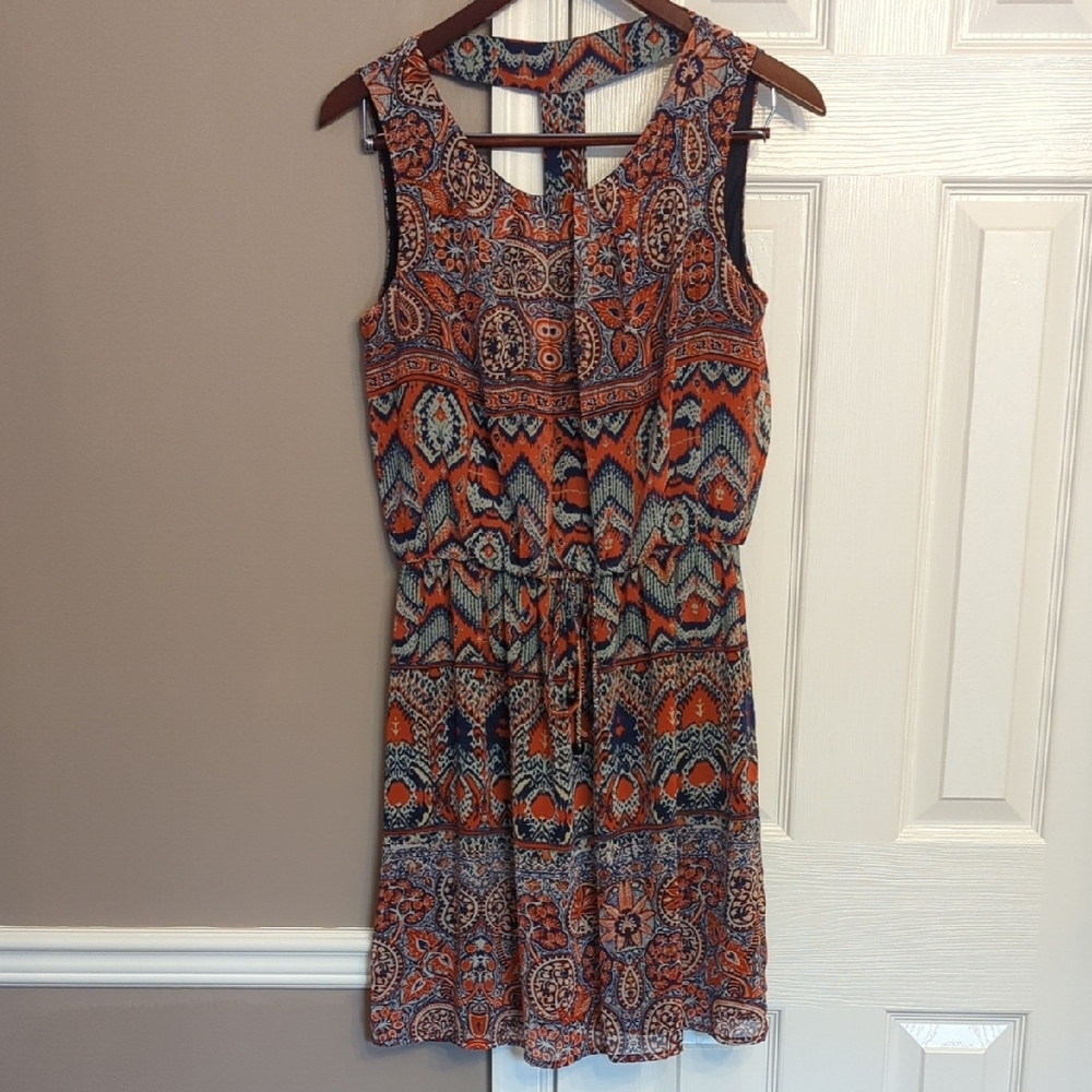 Herrinngbone Leaf Peacock Feather Patterned Boho Summer Dress